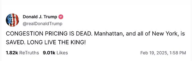 Trump refers to himself as a 'King' after halting congestion pricing in NYC