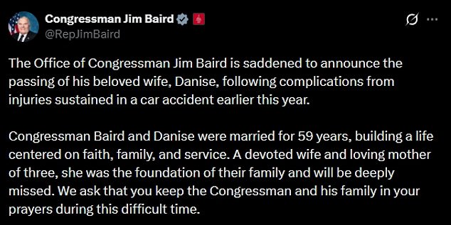 Danise Baird, Wife of Indiana Congressman Jim Baird, Dies Following January Car Accident Complications