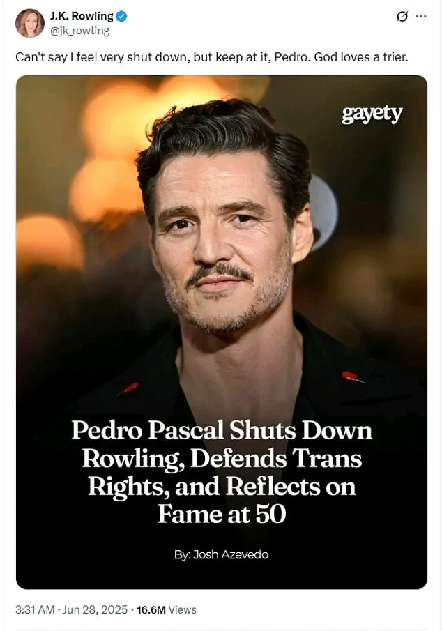 J.K. Rowling and Pedro Pascal's Feud Escalates in Blistering Exchange Over Gender, Identity, and Public Discourse