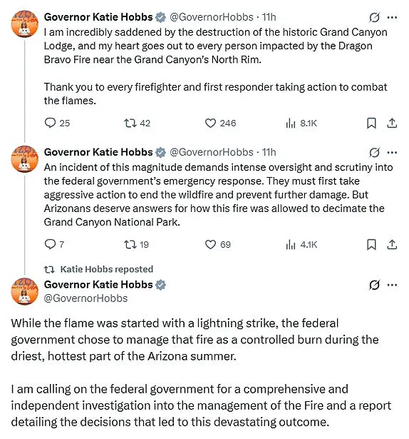 Arizona Governor Katie Hobbs Demands Federal Investigation into National Park Service's Handling of Grand Canyon Wildfires, Citing Destruction of Historic Structures