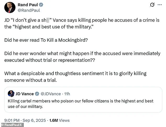 Republican Party Debate Sparks Over VP Vance's Remarks on Military Strike Targeting Drug Cartel Vessel, With Rand Paul Opposing